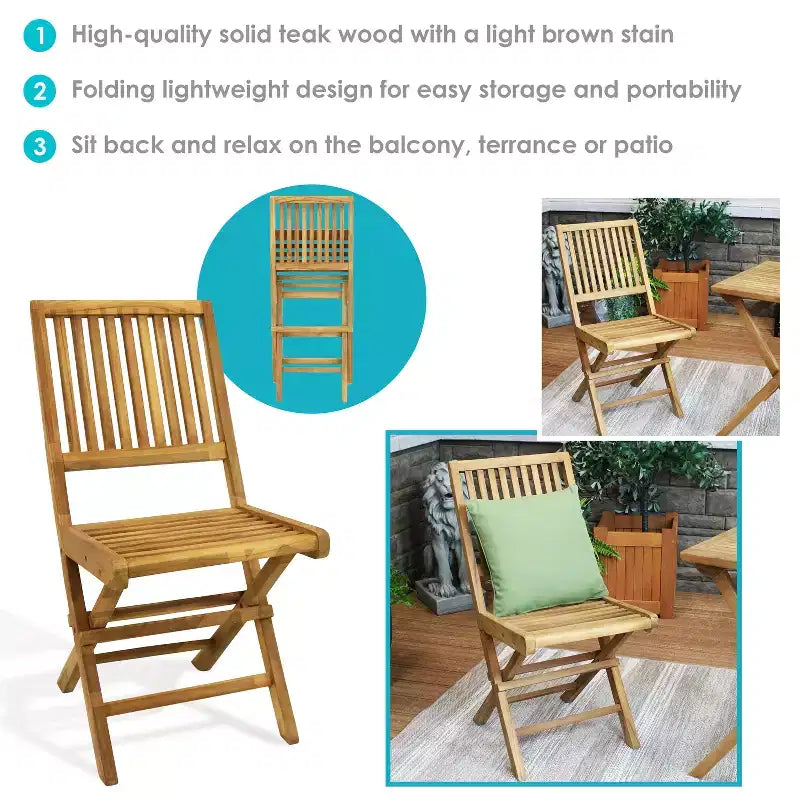 Chaises de salle à manger pliantes Sunnydaze en bois de teck massif teinté pour extérieur, modèle Nantasket - Marron clair - Lot de 2