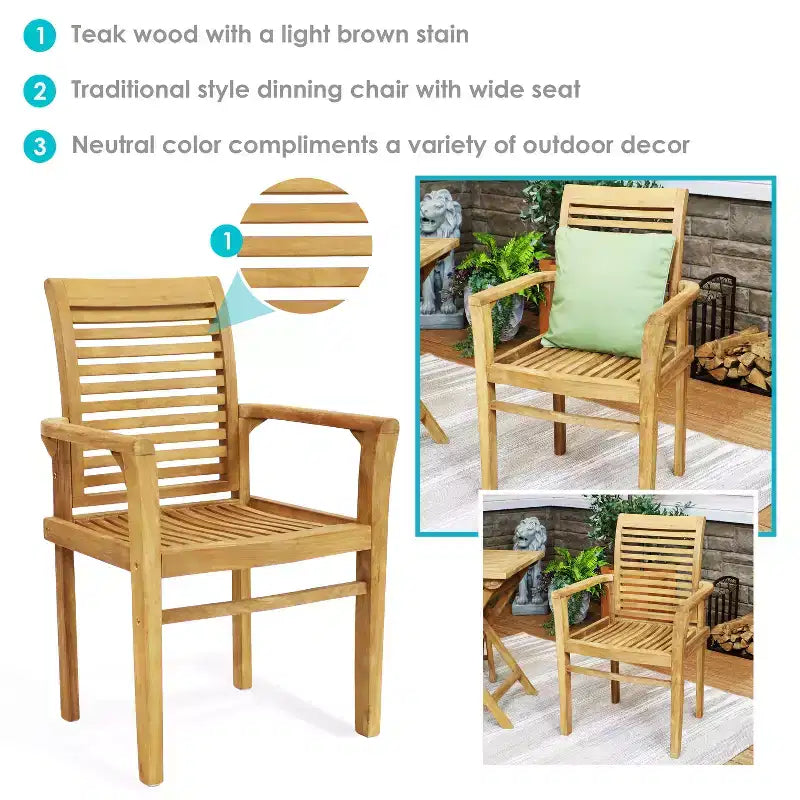 Fauteuil d'extérieur en bois de teck massif Sunnydaze avec finition teintée claire et lattes - Marron clair