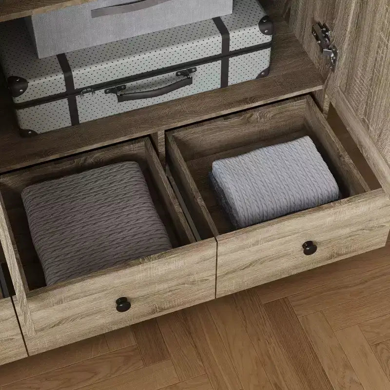 Armoire en rotin Famapy à 3 tiroirs, placard à 3 portes en rotin respirant, armoire de rangement haute de style ferme pour chambre à coucher