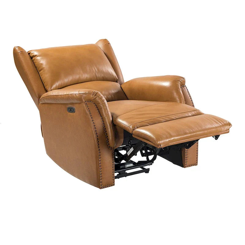 Fauteuil inclinable électrique en cuir véritable avec port USB – Dossier à oreilles et clous décoratifs, ensemble de 2