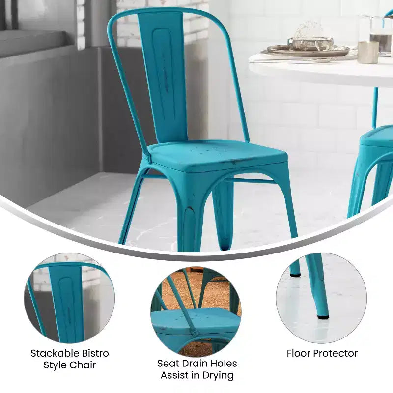 Chaise empilable Emma et Oliver en métal vieilli coloré de qualité commerciale pour l'intérieur et l'extérieur