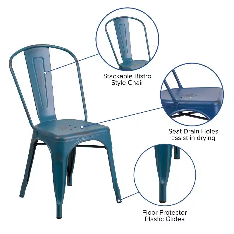 Chaise empilable Emma et Oliver en métal vieilli coloré de qualité commerciale pour l'intérieur et l'extérieur