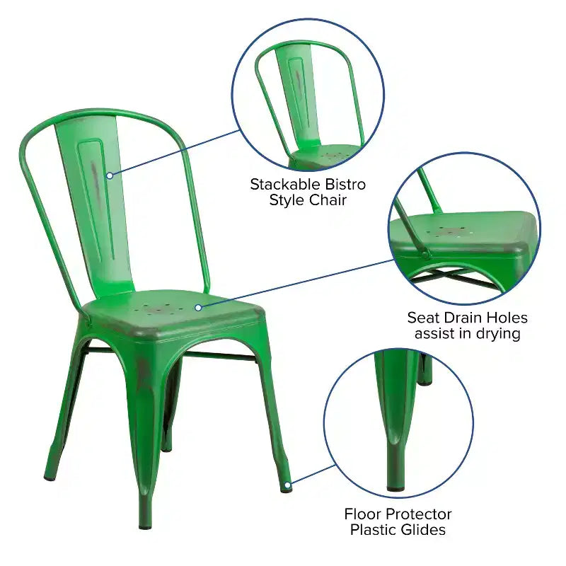 Chaise empilable Emma et Oliver en métal vieilli coloré de qualité commerciale pour l'intérieur et l'extérieur