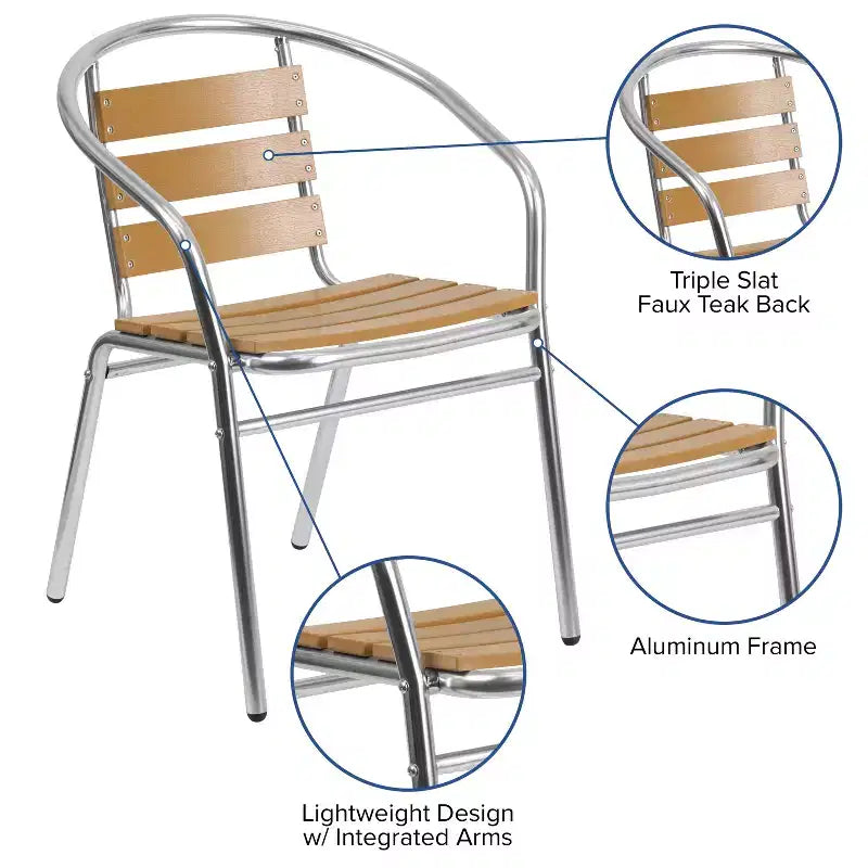 Chaise empilable Emma et Oliver en aluminium intérieur-extérieur avec dossier à trois lattes imitation teck