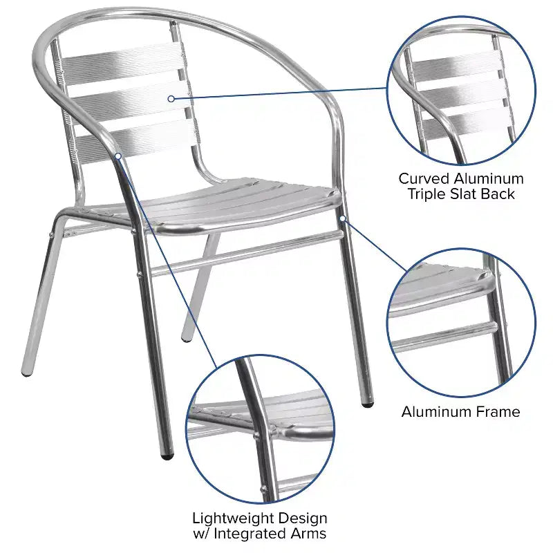 Chaise empilable Emma et Oliver en aluminium, pour l'intérieur et l'extérieur, avec dossier à trois lattes et accoudoirs