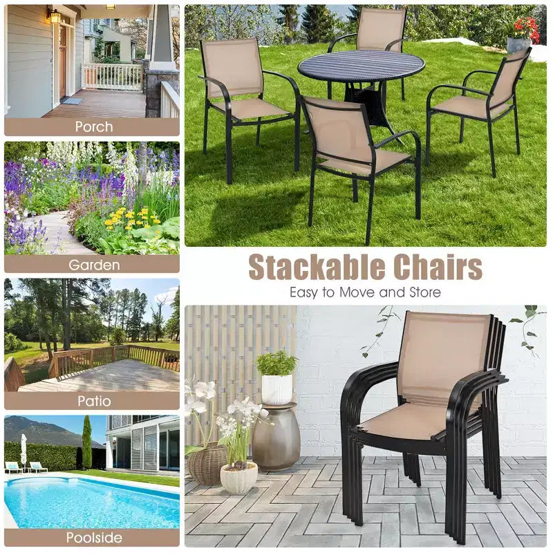 Costway Lot de 2 chaises de salle à manger empilables avec accoudoirs pour jardin, terrasse, marron