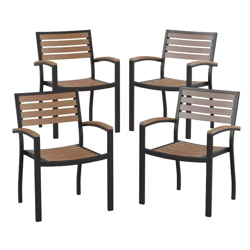 Emma and Oliver Set of 4 Stackable All-Weather Black Aluminum Patio Chairs with Faux Teak Slats