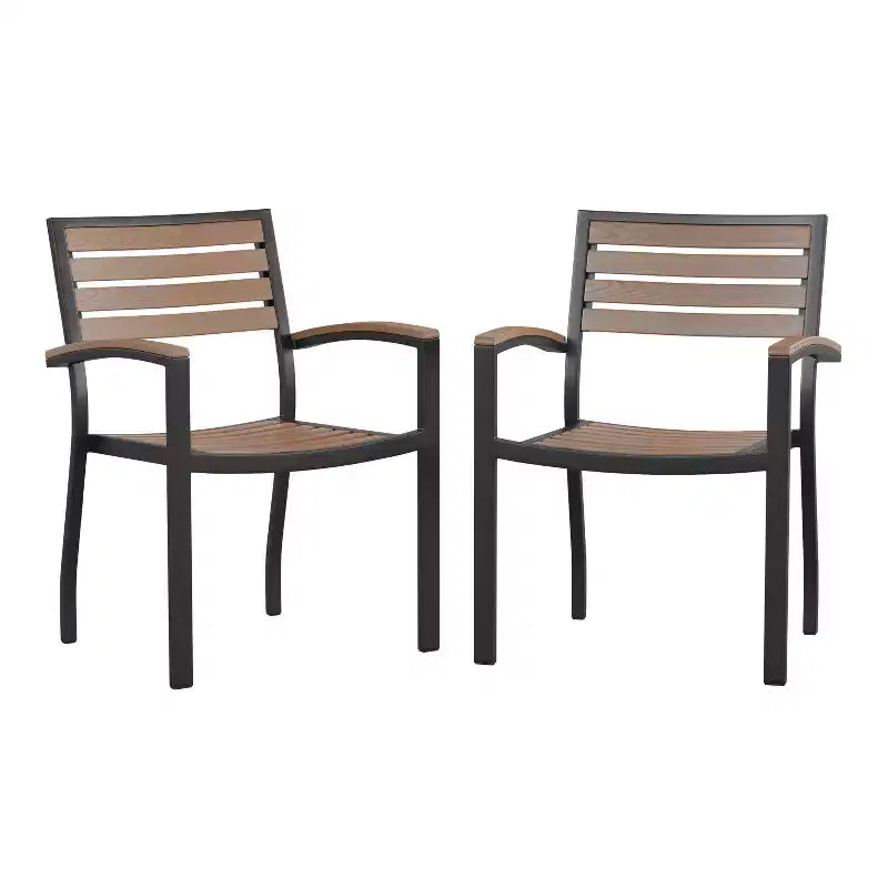 Merrick Lane Set of Two Aluminum Stacking Chairs with Faux Teak Slatted Back and Seat and Faux Teak Accented Arms