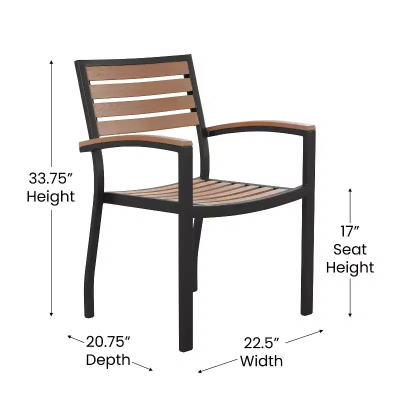 Merrick Lane, ensemble de deux chaises empilables en aluminium avec dossier et assise à lattes imitation teck et accoudoirs à accents imitation teck