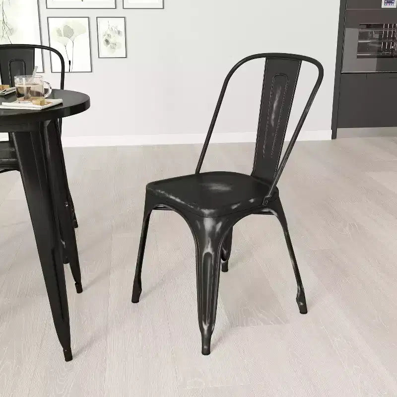 Chaise de salle à manger empilable en métal Merrick Lane Banks, intérieur/extérieur, avec dossier à une latte et finition poudrée vieillie