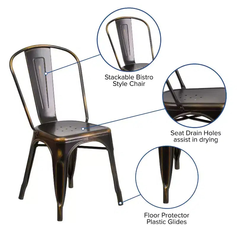 Chaise de salle à manger empilable en métal Merrick Lane Banks, intérieur/extérieur, avec dossier à une latte et finition poudrée vieillie