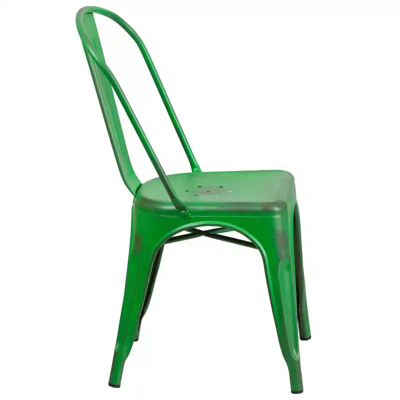 Chaise de salle à manger empilable en métal Merrick Lane Banks, intérieur/extérieur, avec dossier à une latte et finition poudrée vieillie