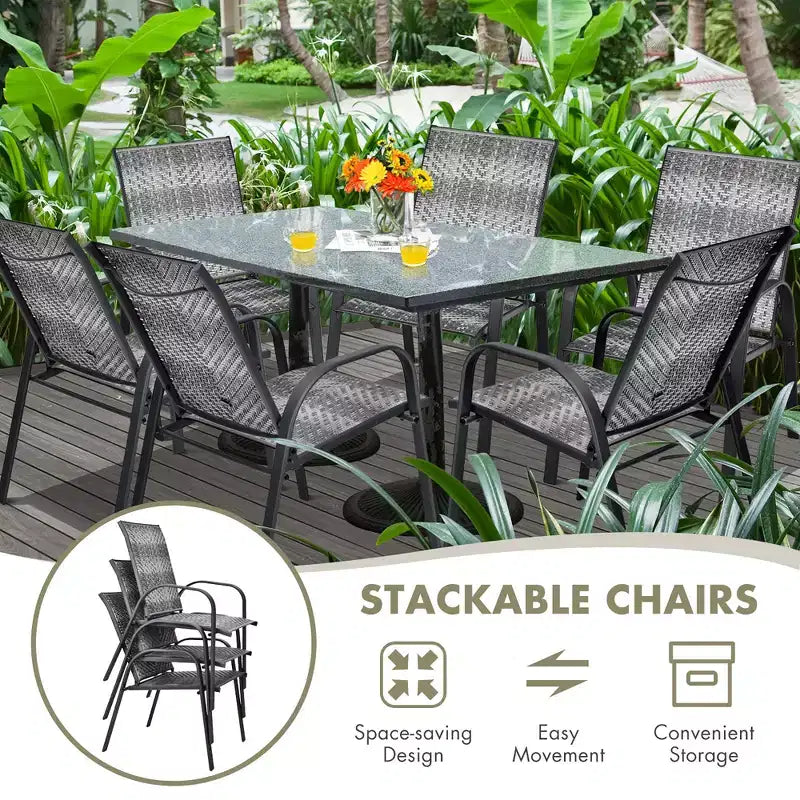 Costway Lot de 12 Chaises de Salle à Manger en Rotin de Patio Empilables Accoudoir Jardin Gris Mixte/Marron Mixte