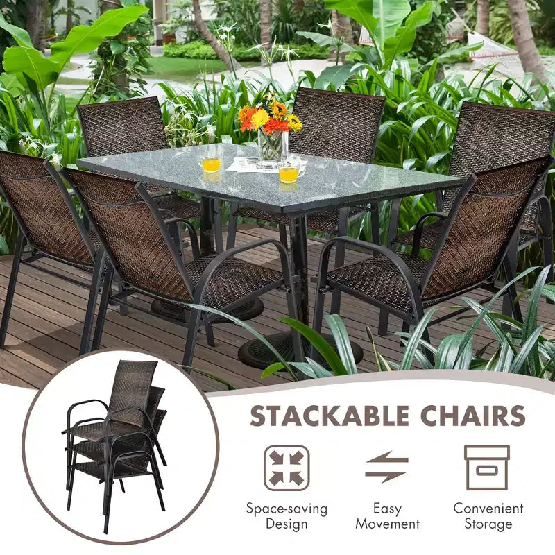 Costway Lot de 12 Chaises de Salle à Manger en Rotin de Patio Empilables Accoudoir Jardin Gris Mixte/Marron Mixte