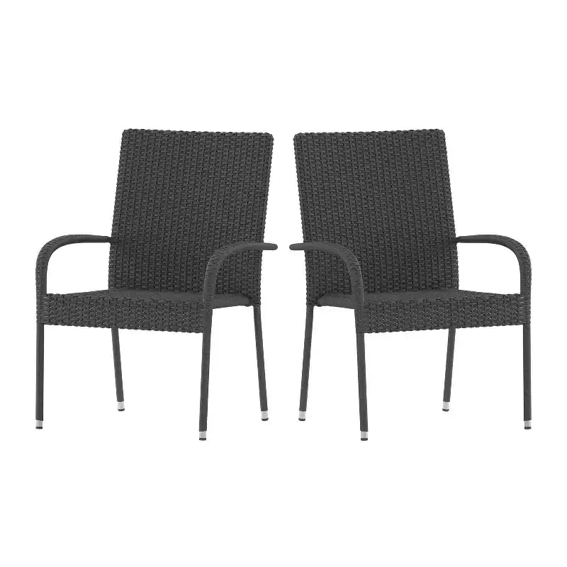 Merrick Lane Set of Indoor/Outdoor Black Wicker Patio Chairs with Powder Coated Steel Frame, Comfortably Curved Back and Arms
