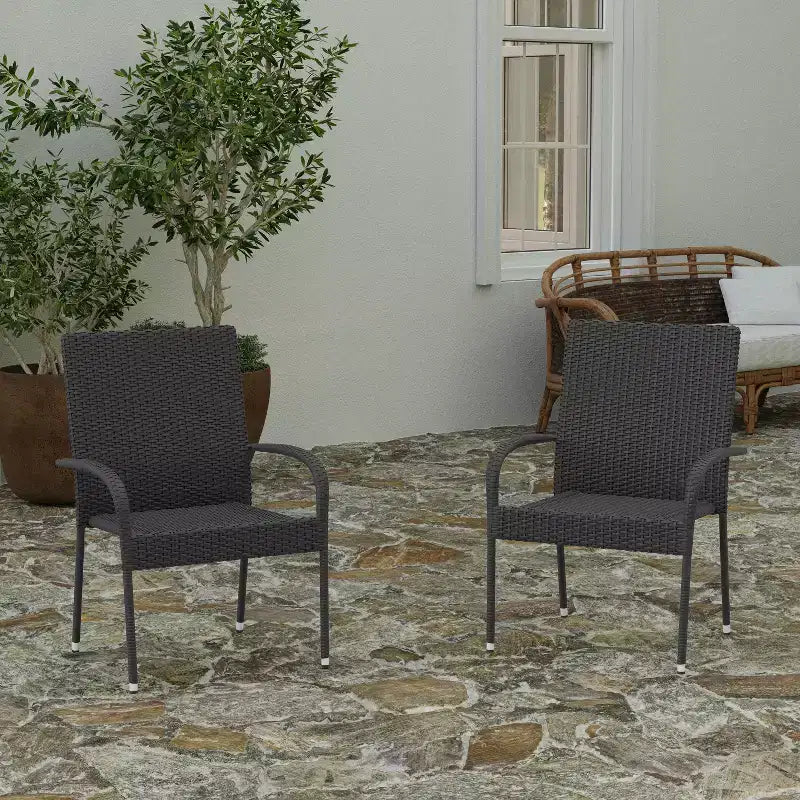 Merrick Lane – Lot de chaises de patio en osier noir pour l'intérieur/l'extérieur avec structure en acier thermolaqué, dossier et accoudoirs confortablement incurvés