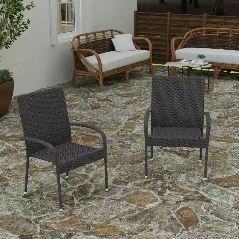 Merrick Lane – Lot de chaises de patio en osier noir pour l'intérieur/l'extérieur avec structure en acier thermolaqué, dossier et accoudoirs confortablement incurvés