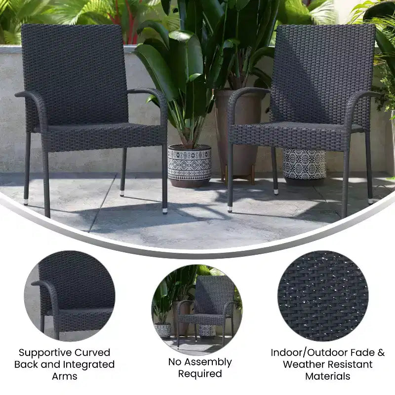 Merrick Lane – Lot de chaises de patio en osier noir pour l'intérieur/l'extérieur avec structure en acier thermolaqué, dossier et accoudoirs confortablement incurvés
