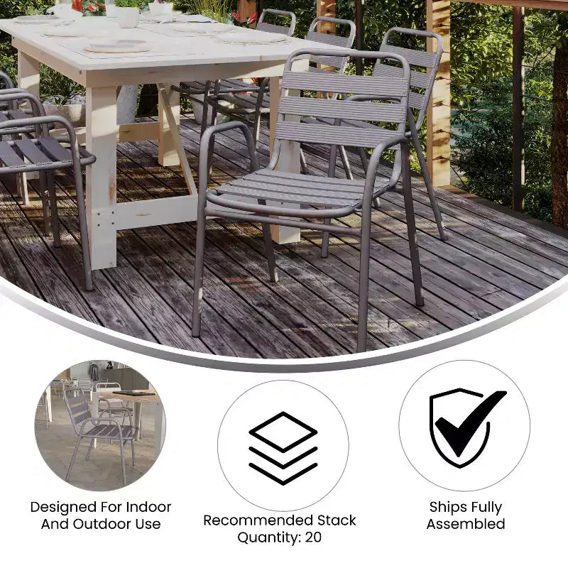 Chaise empilable de restaurant commerciale Flash Furniture Lila en métal, pour intérieur et extérieur, avec dossier et accoudoirs à triple latte métallique