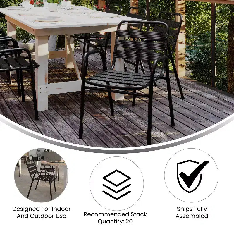 Chaise empilable de restaurant commerciale Flash Furniture Lila en métal, pour intérieur et extérieur, avec dossier et accoudoirs à triple latte métallique