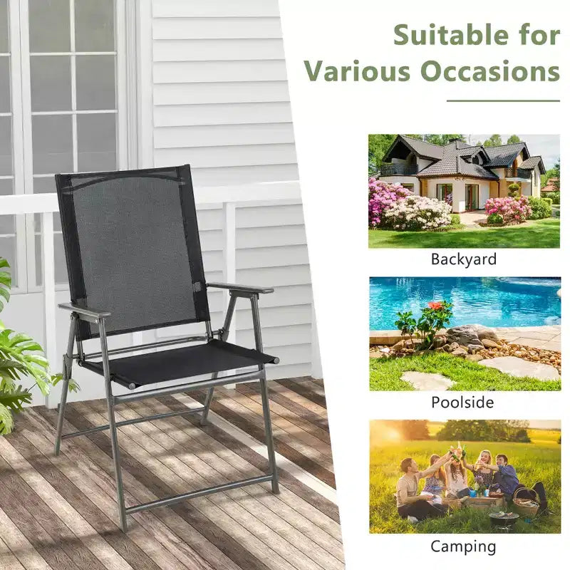 Lot de 4 chaises pliantes de jardin Costway avec accoudoirs en métal, coloris noir/gris/blanc