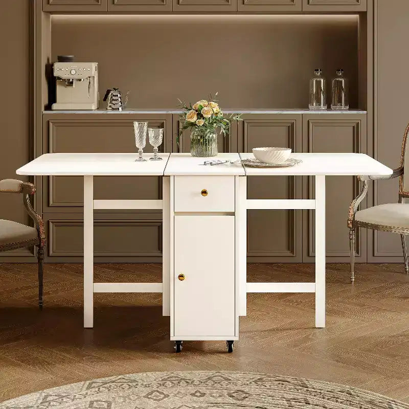 Table à manger pliante ATJafurn 59'' avec abattants pour petits espaces, table de cuisine rectangulaire en bois extensible avec roulettes et rangement