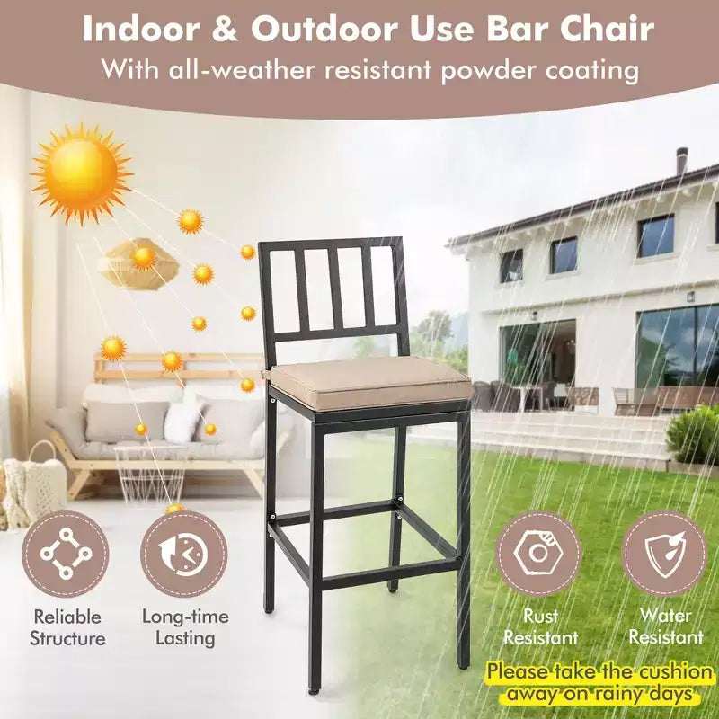 Costway Lot de 2 tabourets de bar en métal pour patio, chaises de salle à manger d'extérieur hauteur bar avec coussin