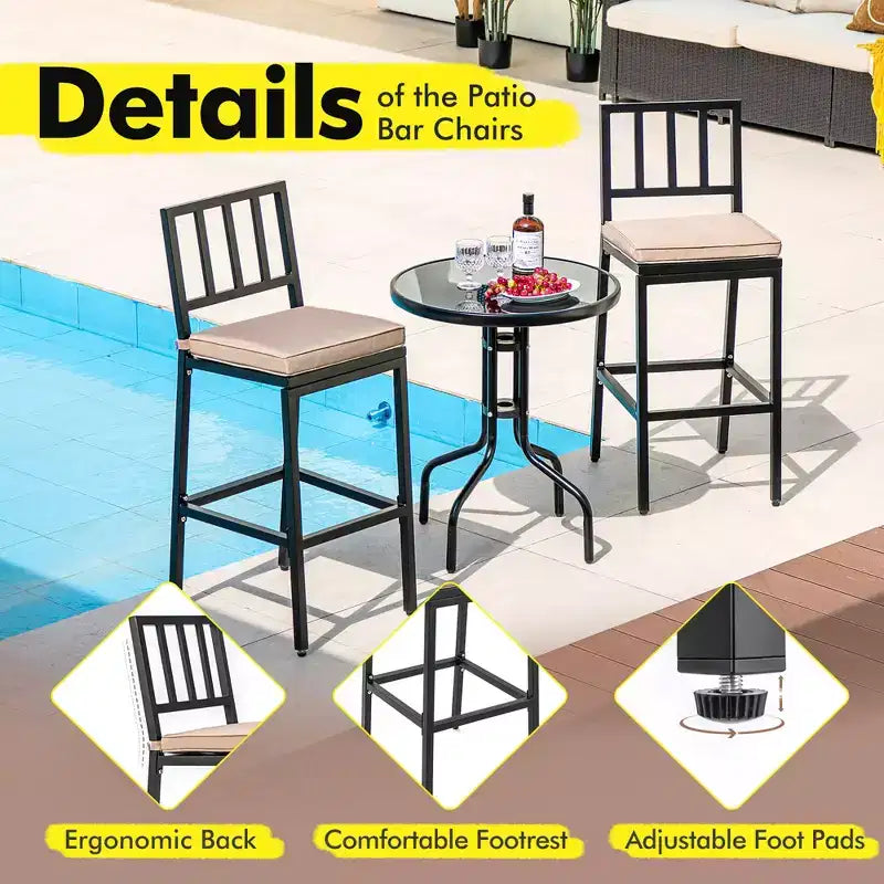 Costway Lot de 2 tabourets de bar en métal pour patio, chaises de salle à manger d'extérieur hauteur bar avec coussin
