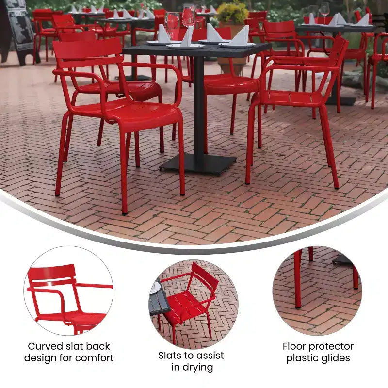 Chaise de salle à manger empilable Emma and Oliver en acier revêtu par poudre avec accoudoirs et dossier à 2 lattes pour l'intérieur et l'extérieur