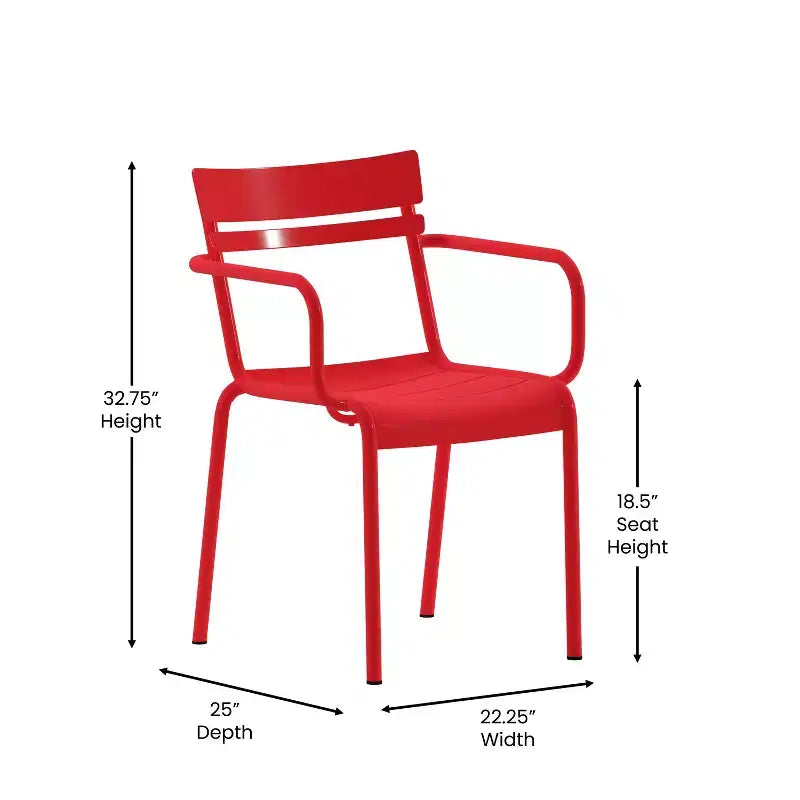 Chaise de salle à manger empilable Emma and Oliver en acier revêtu par poudre avec accoudoirs et dossier à 2 lattes pour l'intérieur et l'extérieur