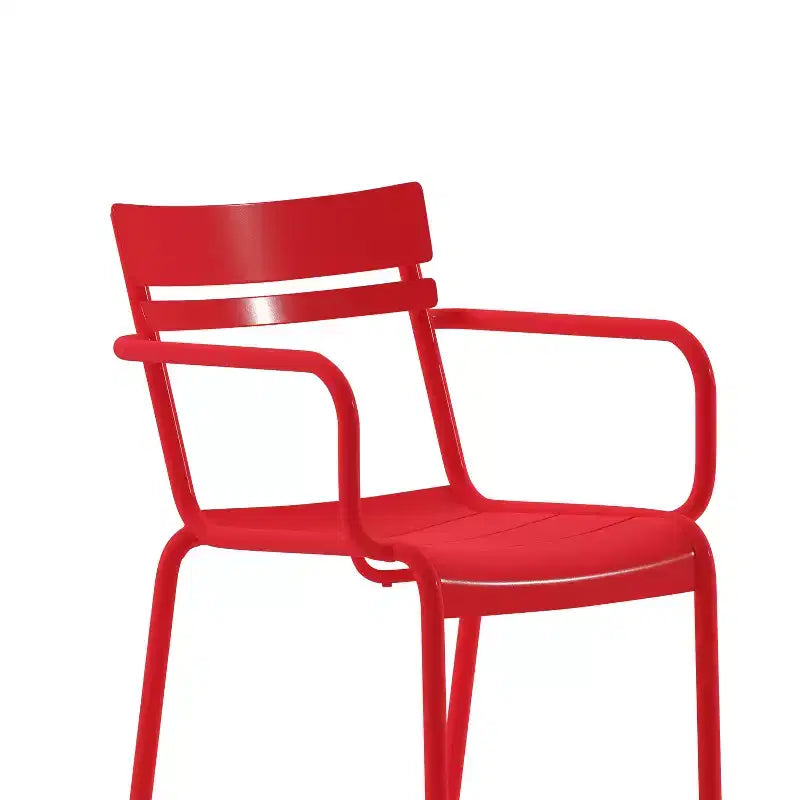Chaise de salle à manger empilable Emma and Oliver en acier revêtu par poudre avec accoudoirs et dossier à 2 lattes pour l'intérieur et l'extérieur