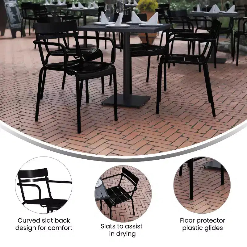 Chaise de salle à manger empilable Emma and Oliver en acier revêtu par poudre avec accoudoirs et dossier à 2 lattes pour l'intérieur et l'extérieur