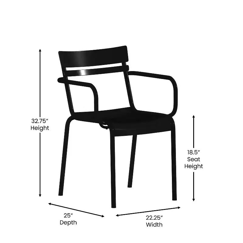 Chaise de salle à manger empilable Emma and Oliver en acier revêtu par poudre avec accoudoirs et dossier à 2 lattes pour l'intérieur et l'extérieur