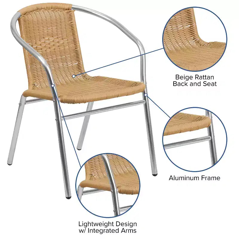 Chaise empilable Emma et Oliver, pack de 4, en aluminium et rotin, pour restaurant, intérieur-extérieur, usage commercial