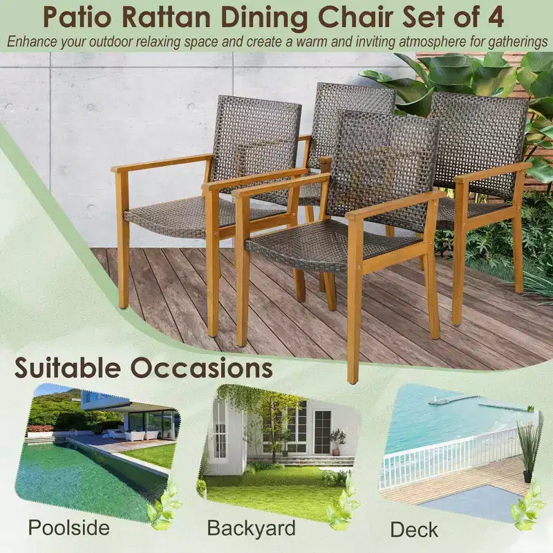 Costway Lot de 4 chaises de salle à manger de patio, fauteuils d'extérieur en bois d'acacia et rotin, pour jardin et balcon
