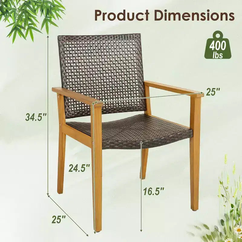 Costway Lot de 4 chaises de salle à manger de patio, fauteuils d'extérieur en bois d'acacia et rotin, pour jardin et balcon