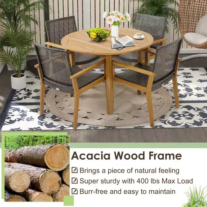 Costway Lot de 4 chaises de salle à manger de patio, fauteuils d'extérieur en bois d'acacia et rotin, pour jardin et balcon