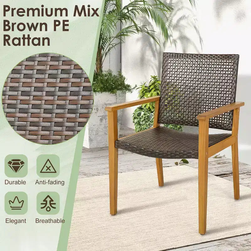 Costway Lot de 4 chaises de salle à manger de patio, fauteuils d'extérieur en bois d'acacia et rotin, pour jardin et balcon