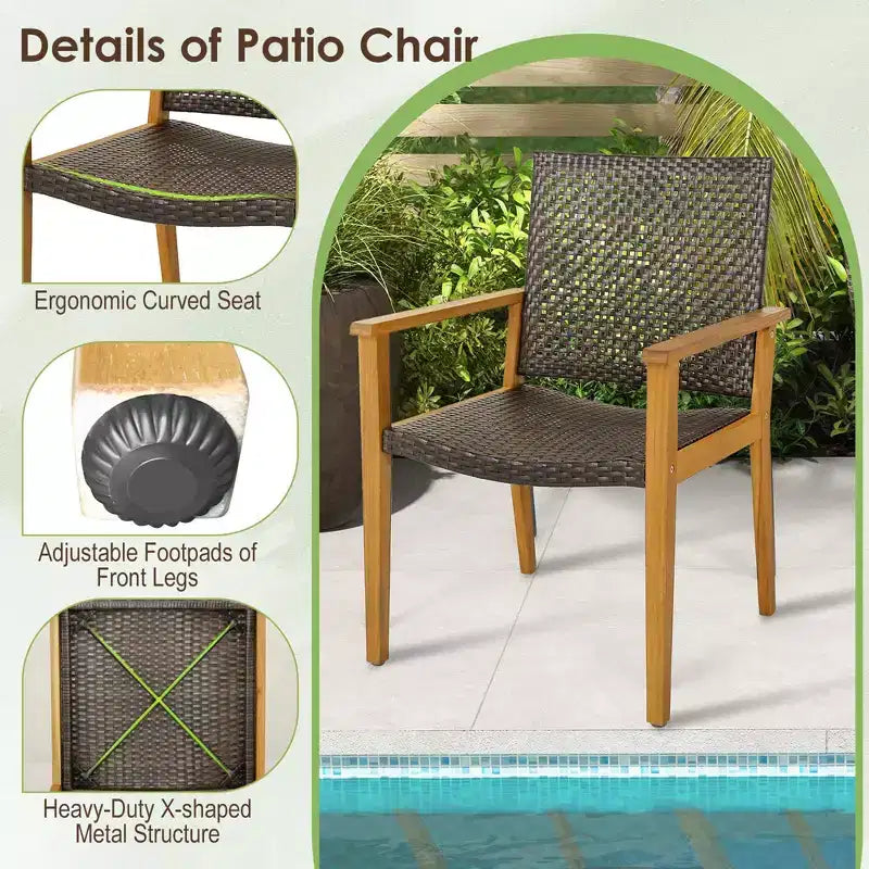 Costway Lot de 4 chaises de salle à manger de patio, fauteuils d'extérieur en bois d'acacia et rotin, pour jardin et balcon