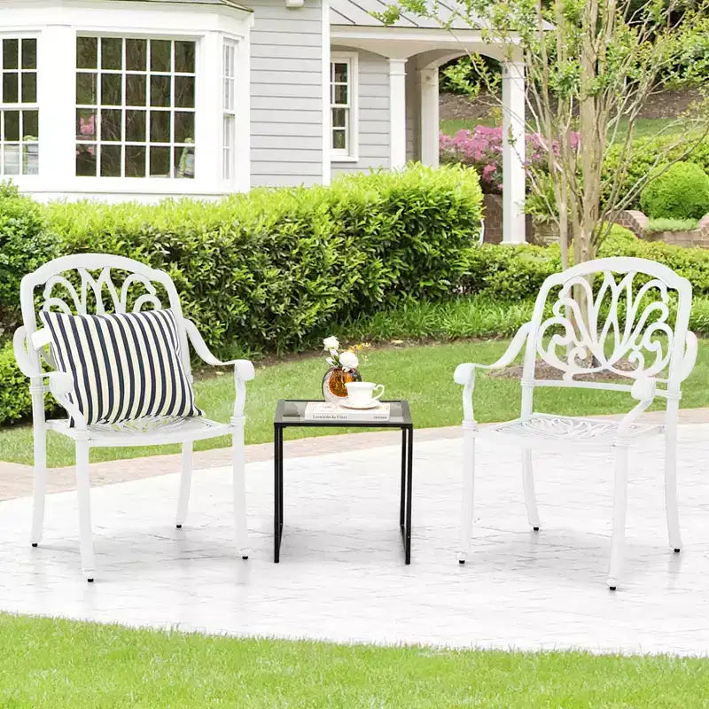 Costway Lot de 4 chaises de salle à manger de patio en fonte d'aluminium avec accoudoirs, empilables, marron/blanc
