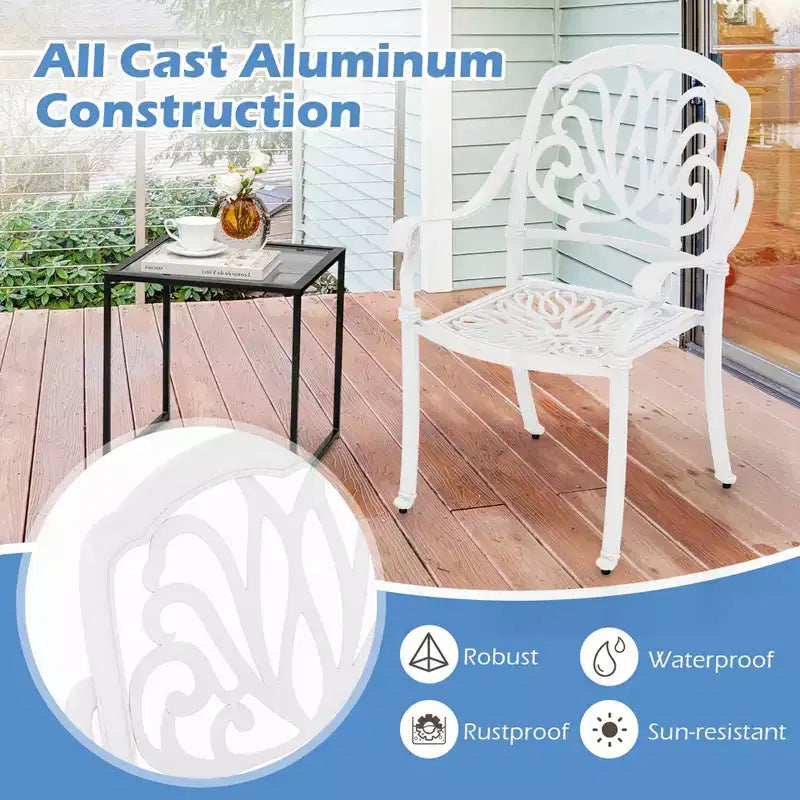 Costway Lot de 4 chaises de salle à manger de patio en fonte d'aluminium avec accoudoirs, empilables, marron/blanc