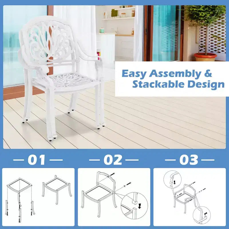 Costway Lot de 4 chaises de salle à manger de patio en fonte d'aluminium avec accoudoirs, empilables, marron/blanc