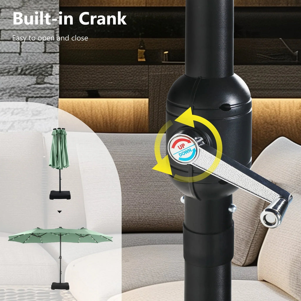 MAISON ARTS Parasol excentré rectangulaire de 4,5 m avec manivelle, parasol de marché double face d'extérieur avec lumières LED solaires et base incluse