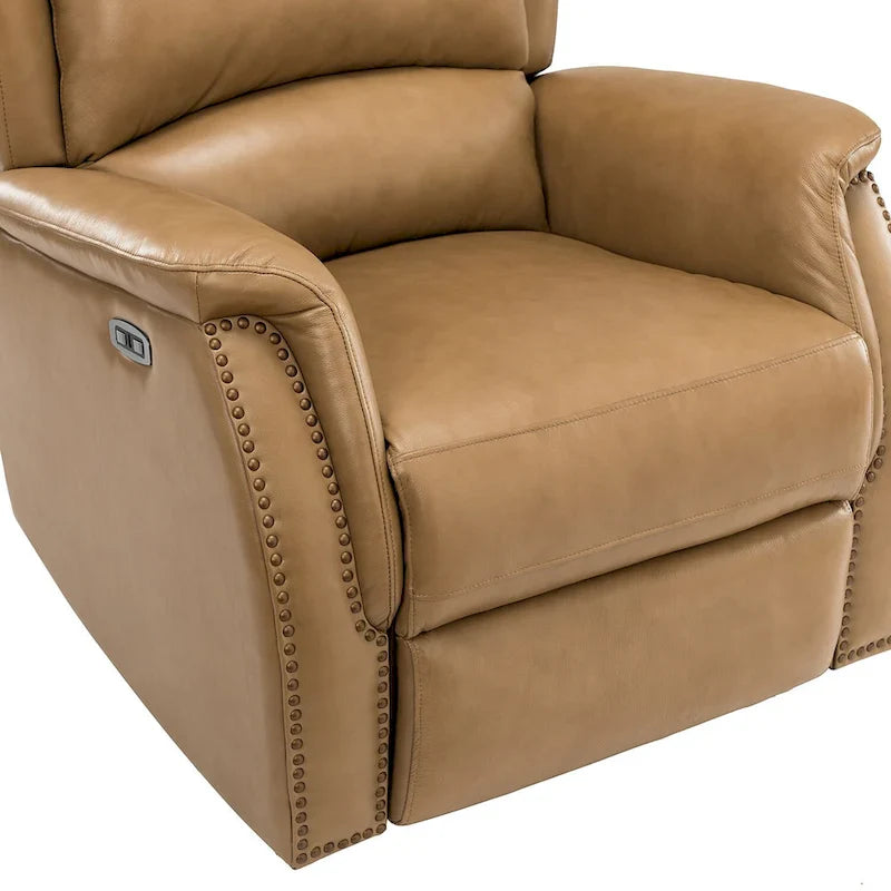 Fauteuil inclinable électrique en cuir véritable avec port USB – Dossier à oreilles et clous décoratifs, ensemble de 2