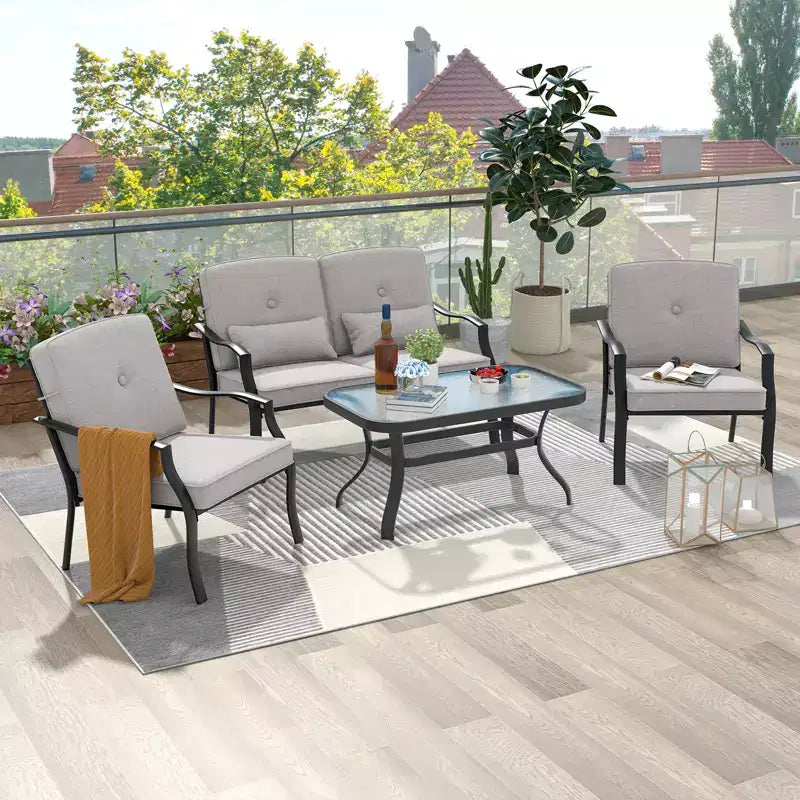 Costway Lot de 4 chaises de patio en métal pour l'extérieur, sièges de salle à manger robustes avec coussins, gris de jardin