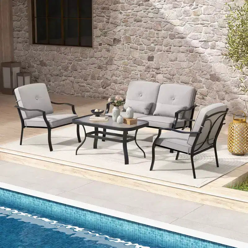 Costway Lot de 4 chaises de patio en métal pour l'extérieur, sièges de salle à manger robustes avec coussins, gris de jardin