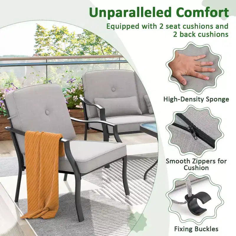 Costway Lot de 4 chaises de patio en métal pour l'extérieur, sièges de salle à manger robustes avec coussins, gris de jardin
