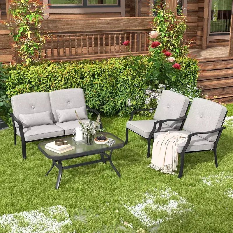 Costway Lot de 2 chaises de patio en métal, sièges de salle à manger extérieurs robustes avec coussins, gris jardin