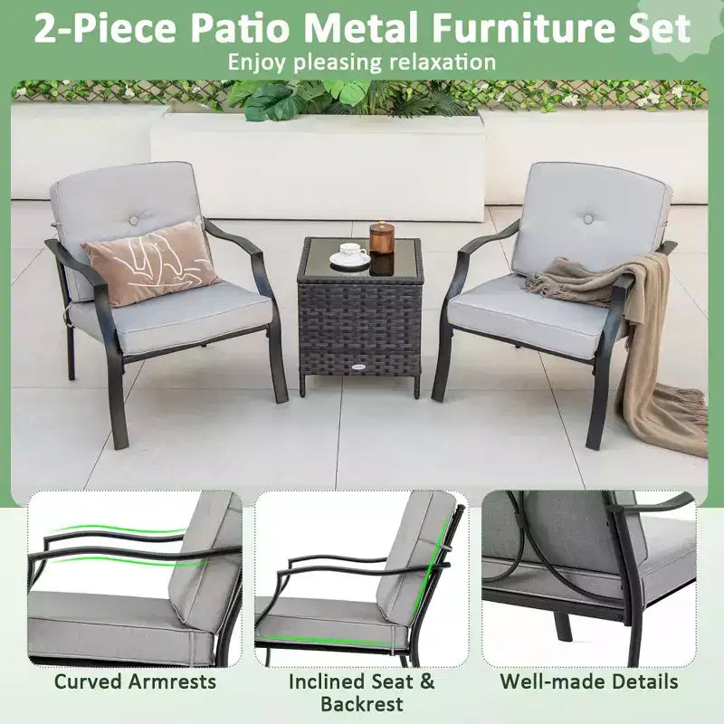 Costway Lot de 2 chaises de patio en métal, sièges de salle à manger extérieurs robustes avec coussins, gris jardin
