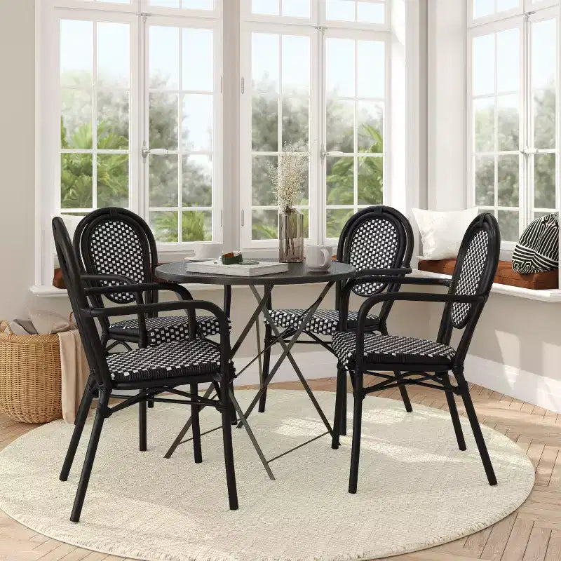 Lot de 4 chaises bistrot Lourdes Thonet empilables avec accoudoirs, en rotin PE et cadre en aluminium, pour l'intérieur et l'extérieur, de la marque Flash Furniture